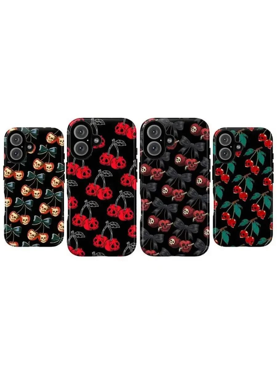 Gothic Cherry Skull Phone Case Red Black Aesthetic For iPhone 15 14 13 12 11 Pro Max Galaxy S25 S24 S23