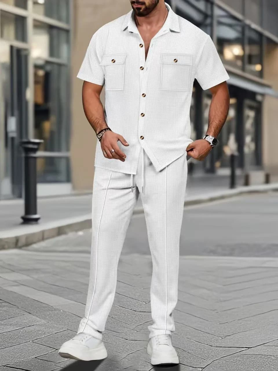 Men's Summer Casual Shirt with Pocket Short Sleeve Long Pants Two-Piece Set Pure Color Button up White Sportswear Ensemble