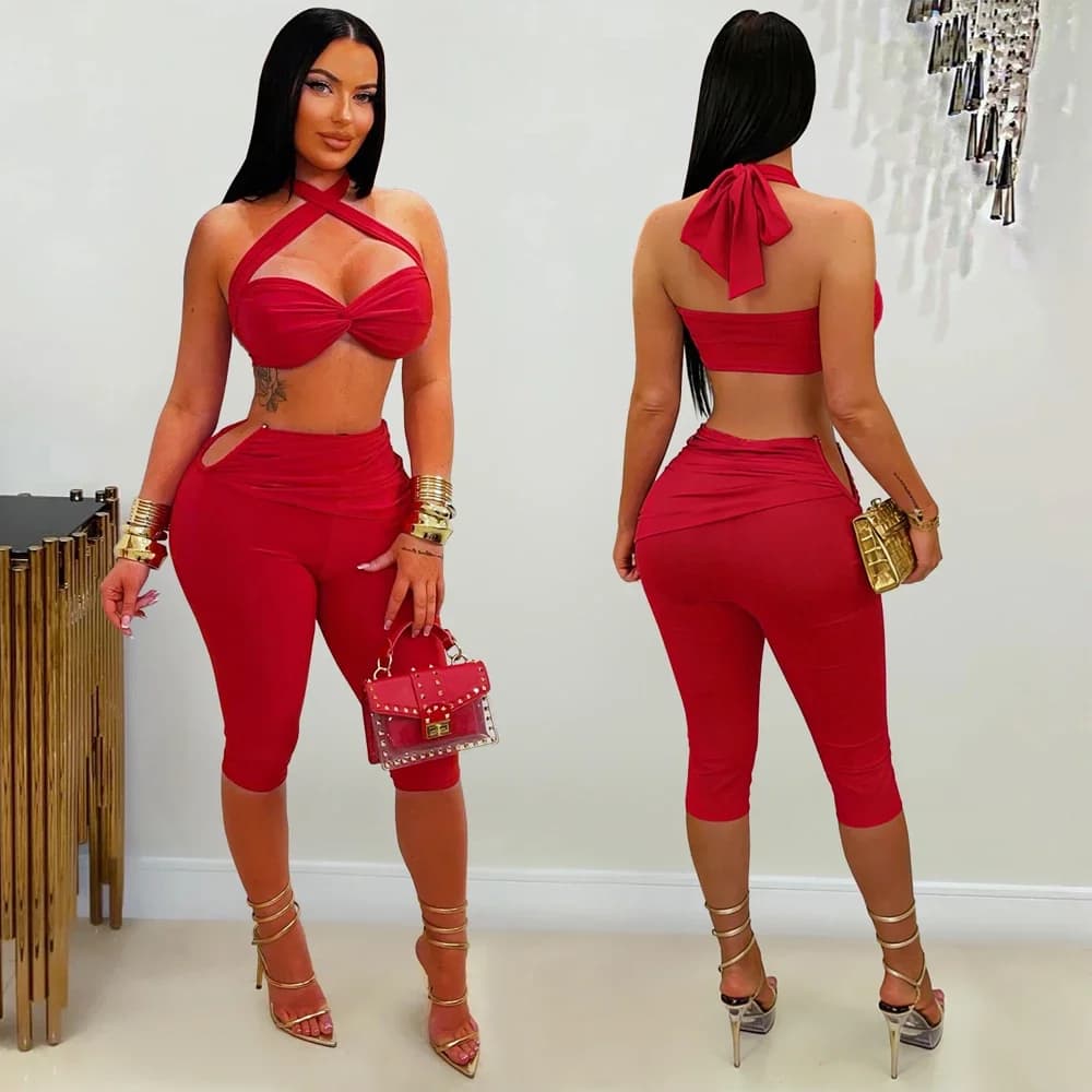 Women Halter Crop Top And High Waist Capri Pants Set Crisscross Front Bodycon Party Clubwear Outfit
