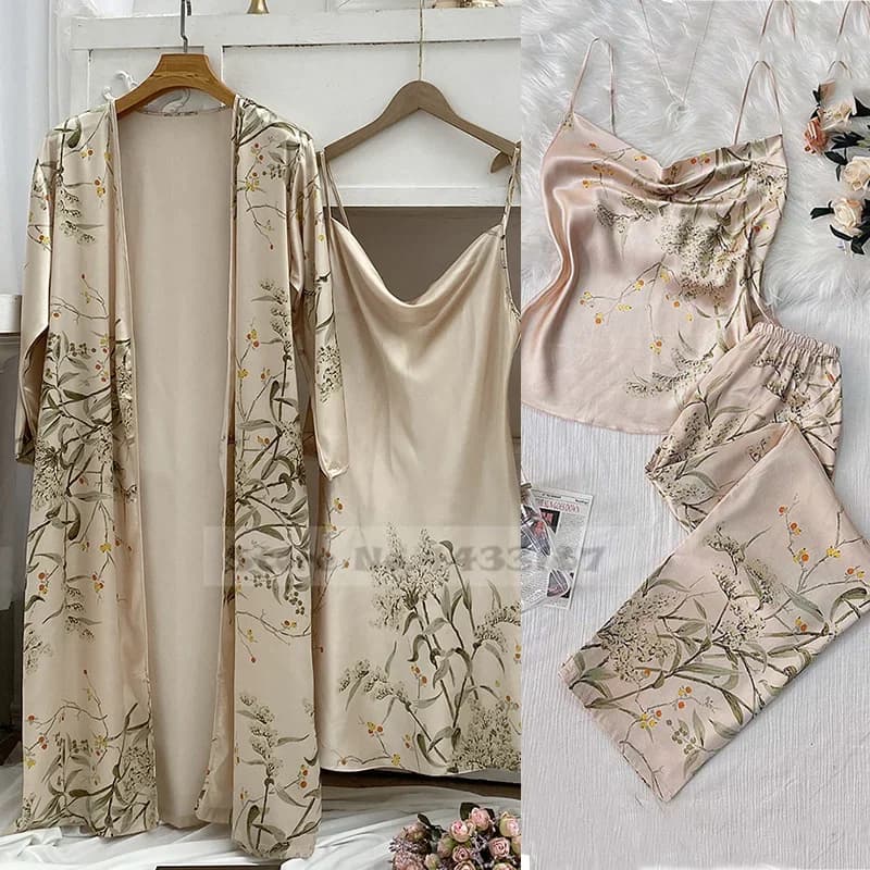 Primavera estate 4 pezzi pigiama Set pantaloni abiti stampa fiore femminile Kimono in raso accappatoio abito da notte allentato Casual Homewear