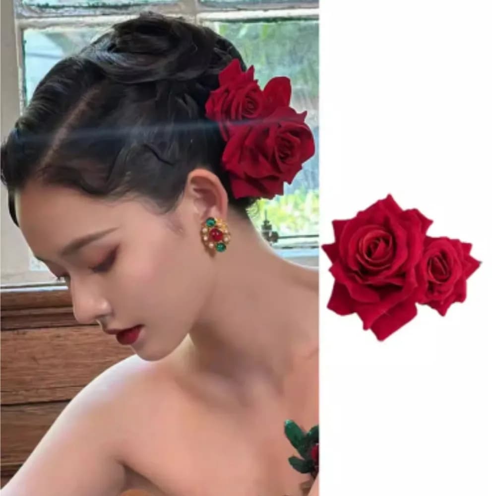 Accessori per capelli per copricapo per matrimonio da sposa, panno floccato, fiore di rosa rossa, fermaglio per capelli, fiore simulato, ornamento per forcina