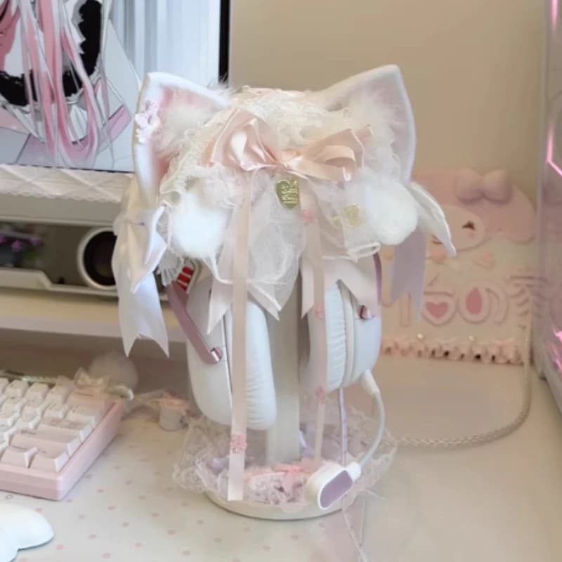 Supporto per Cuffie a Forma di Orecchie di Coniglio Rosa, Fatto a Mano, Personalizzato, Carino, in Peluche, per Cuffie da Gaming, Ornamento da Scrivania