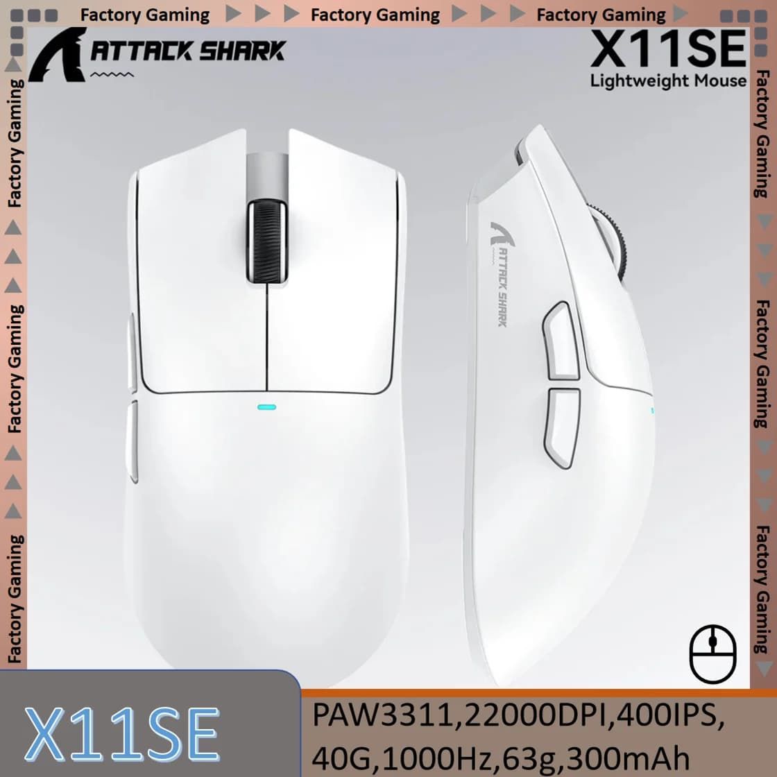 Mouse da gioco wireless ultraleggero ATTACK SHARK X11SE, durata di 20 milioni di cicli, sensore PAW3311, 22KDPI, 400IPS, 40G, 1KHz, 65 ore di autonomia, 30mAH