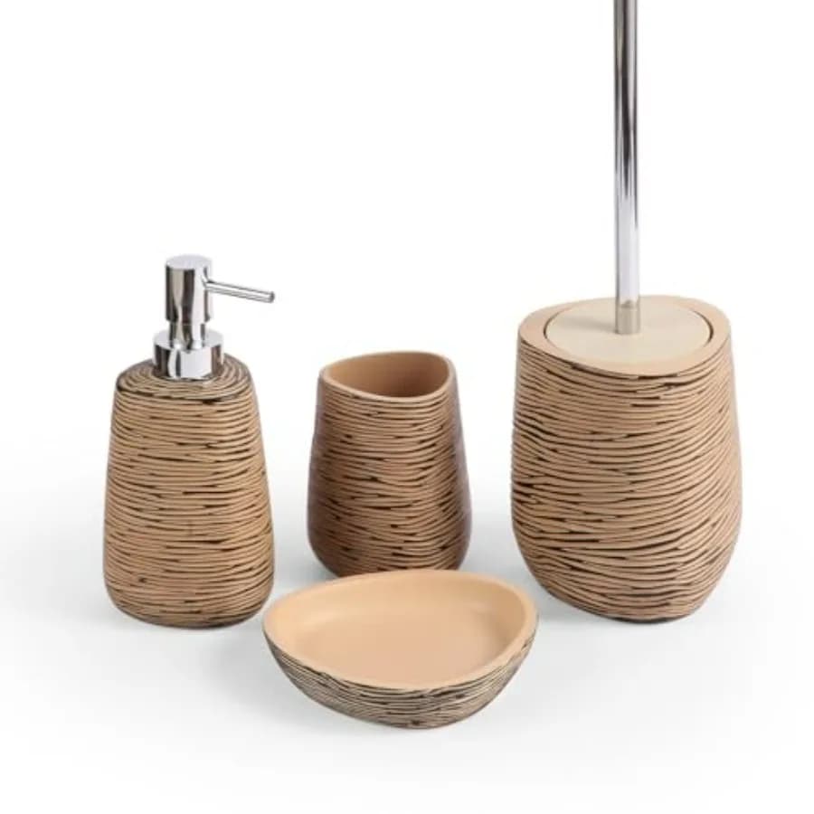 Set di Accessori Moderni per Bagno 4 Pezzi Marrone Chiaro: Portasapone, Dispenser per Lozione, Portaspazzolino, Portascopino per Bagno Contemporaneo