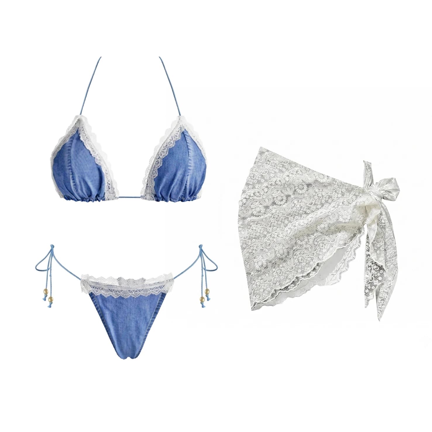 Denim And Lace 3Pcs Micro Bikini Women Sexy Swimsuit Push Up Swimwear Female Bandeau Biquini Patchwork Bathing Suit Beachwear