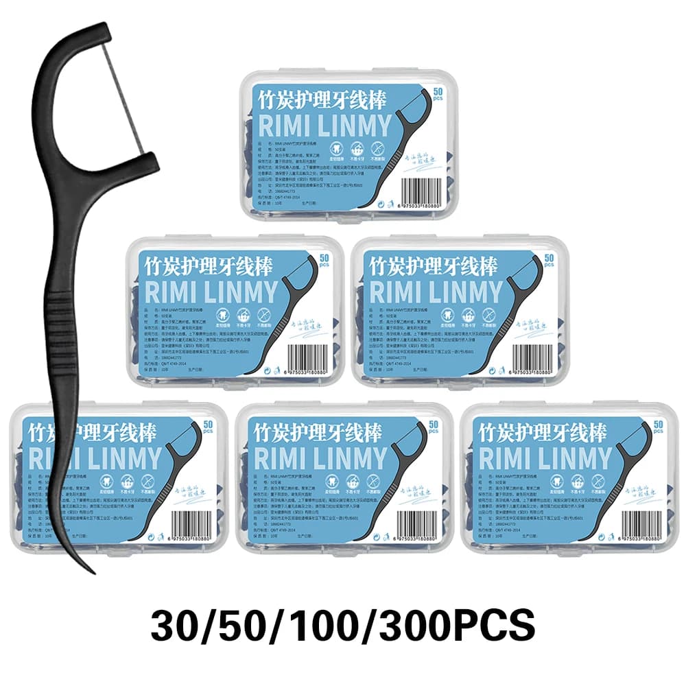 RIMI SMILE Bamboo Charcoal Dental Floss Picks 30/50/100/300PCS Ultra Smooth Floss Sticks Daily Interdental Cleaning Oral Care Fa