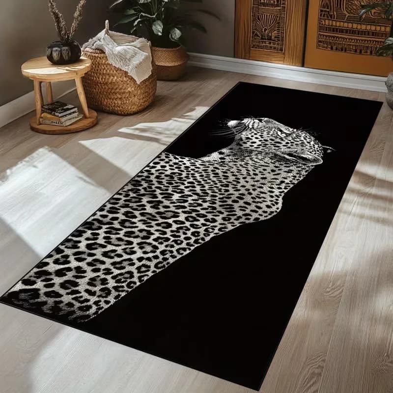 Tappeto Runner Leopard Safari, stampa animalier monocromatica su tappeto nero, tappetino strutturato per una dichiarazione moderna del corridoio alla moda