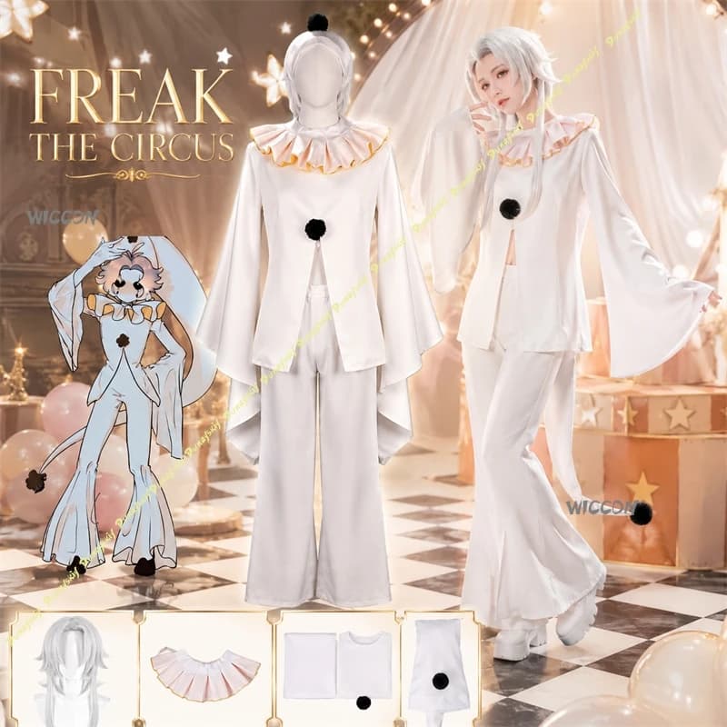 Costume da Pierrot Bianco per Gioco Horror, Abiti Bianchi da Uomo per Cosplay, Cappello, Parrucca Lunga Argento, Halloween, Natale, Carnevale
