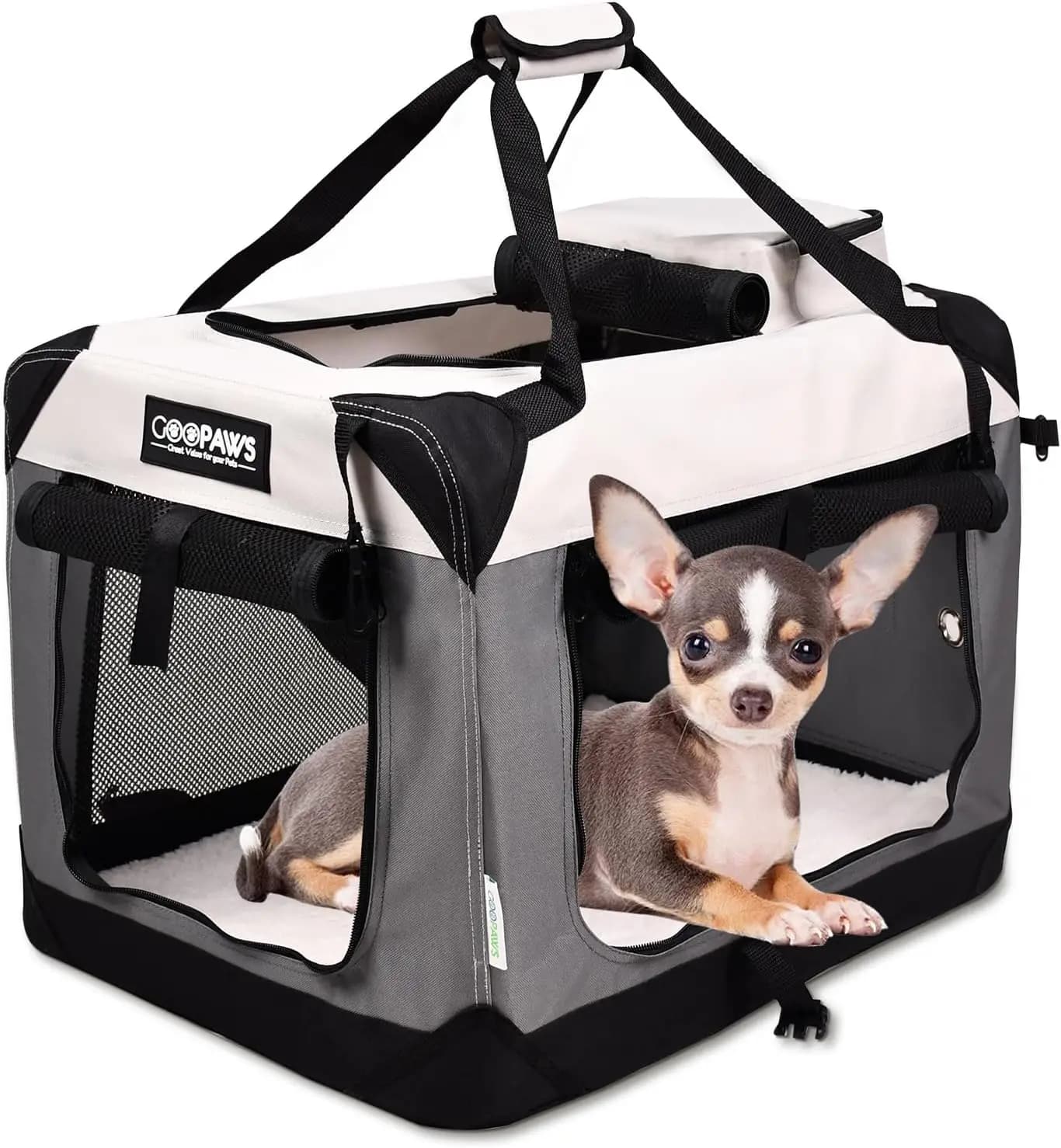 Soft Transportation for Domestic Animals with 3 Doors, Pile and Straps Mat - Light Grey Small (24x16.5x16.5 inch)