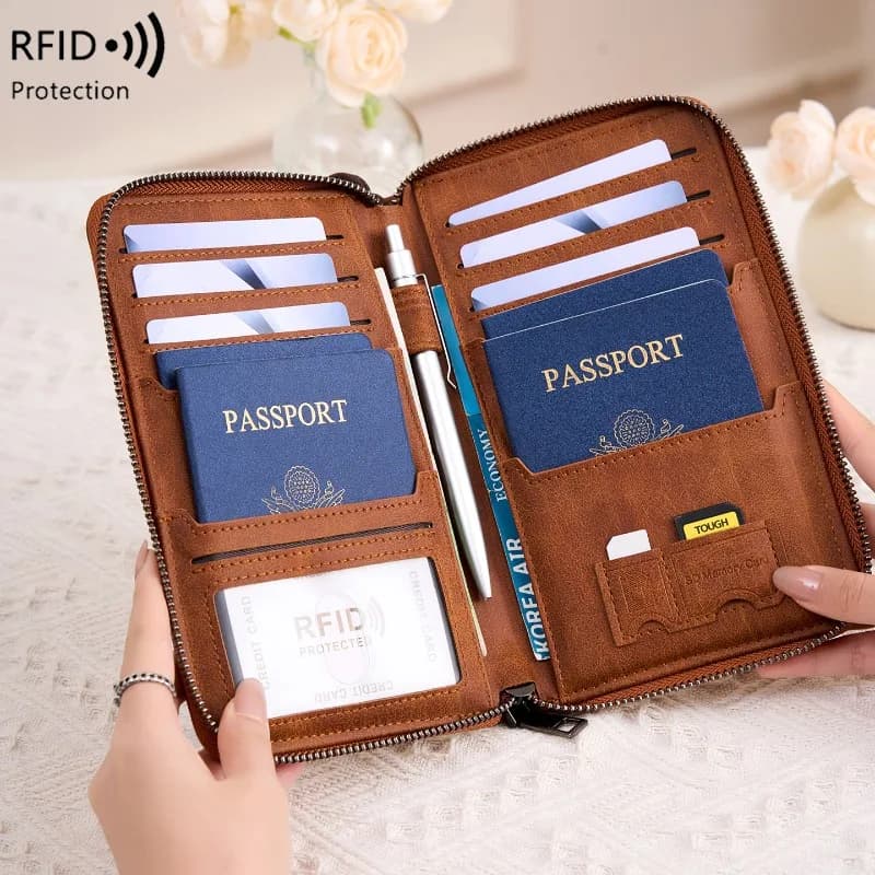 Nuovo Portafoglio RFID con Cerniera, Borsa Porta Documenti, Porta Passaporto, Porta Banconote, Portafogli Multifunzionali per Passaporto