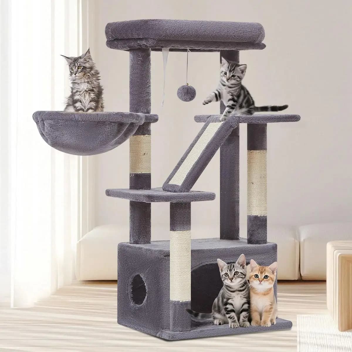 Albero per Gatti da Interno da 38,5 Pollici, con Cesti Regolabili e Scomparto Lussuoso, Grigio Fumo