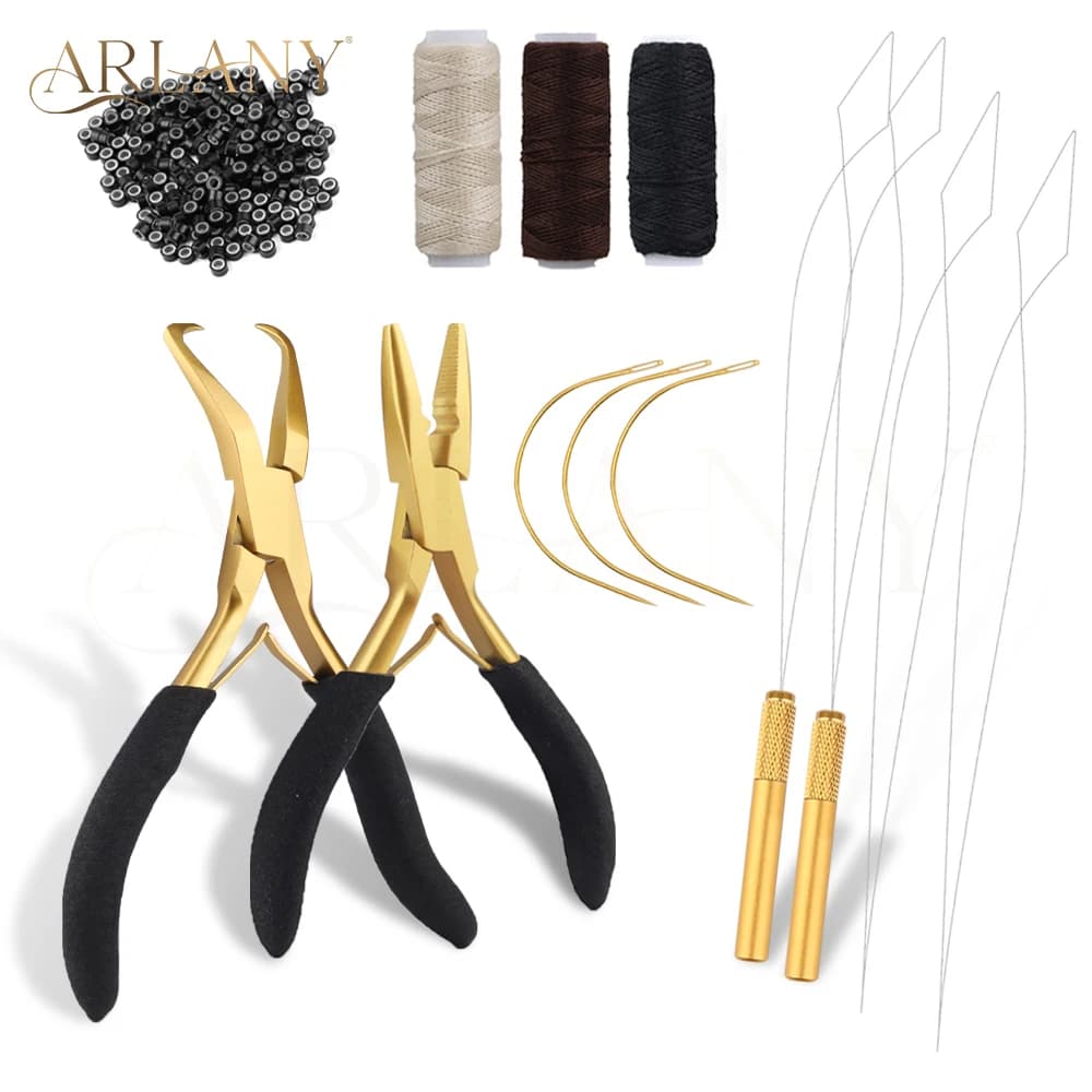 ARLANY Microlink Weft Extension Pliers Kit Hair Extension Closer and Removal Pliers Sewing Thread 500Pcs Silicone Hair Beads