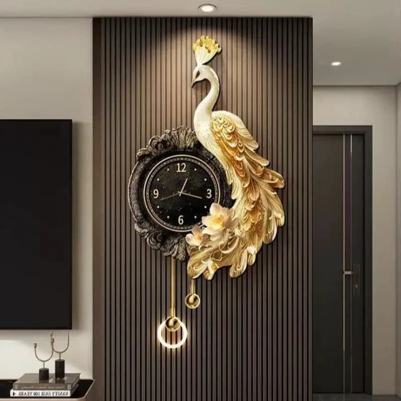 Orologio da Parete Nero di Design con Pavone, Lussuoso Orologio Digitale Rotondo per Soggiorno, Decorazione per la Casa