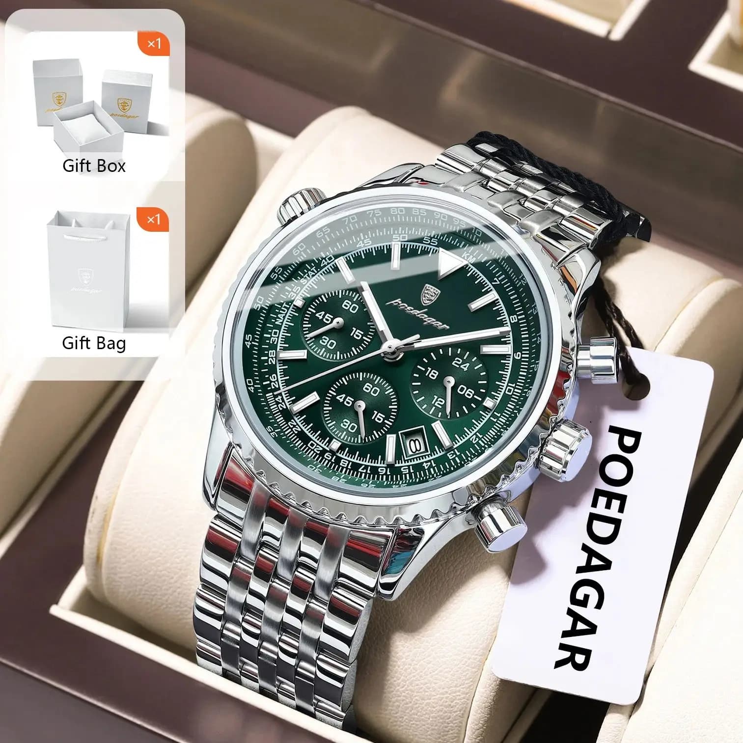 POEDAGAR Orologio sportivo da uomo di lusso Cronografo in acciaio inossidabile Data Orologio da uomo Orologi al quarzo da uomo militari luminosi impermeabili + scatola