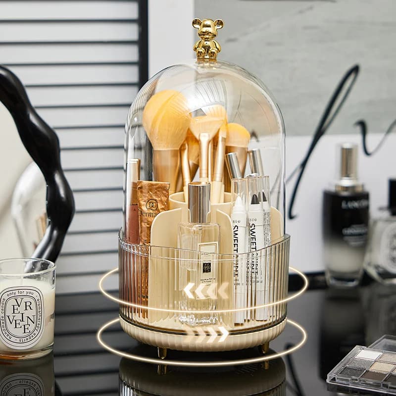 Make-up brush holder with bear-shaped lid and 360° swivel handle Organizer for Cosmetics with 7 Bath and Toe Parts
