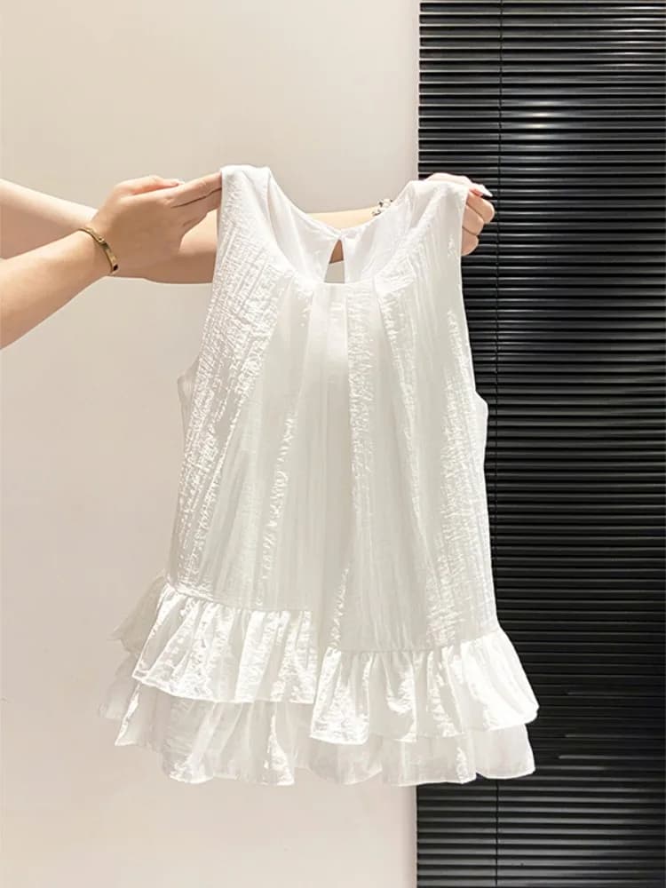 Korean Style Sweet And Spicy round Neck Sleeveless Doll Shirt Women's Summer New White Pleated Lace Loose Versatile Top