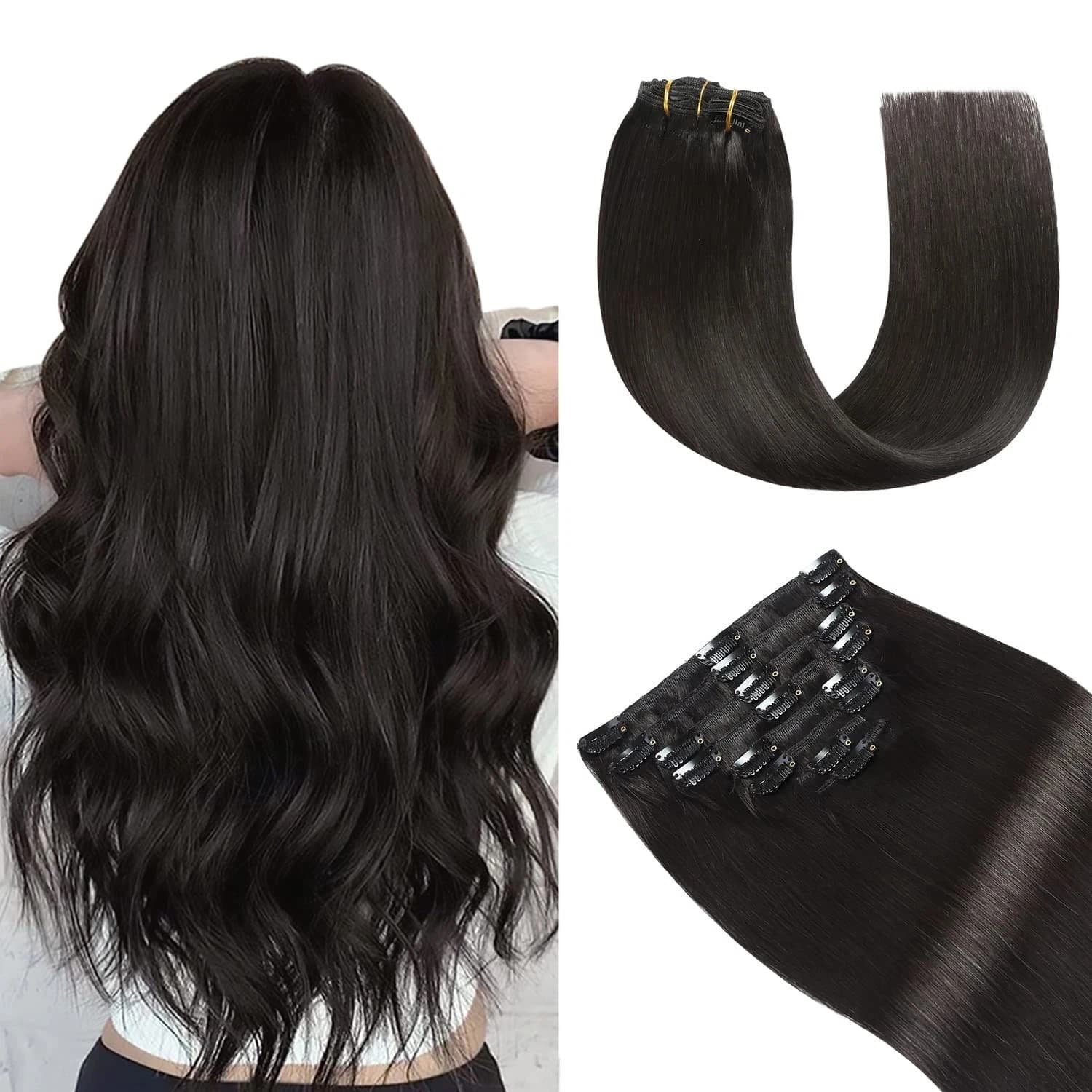 Parrucca in capelli umani al 100% con 7 pezzi di extension liscie da 24 pollici con clip. # P8-613 # 99J Volume Quotidiano All'Ingrosso