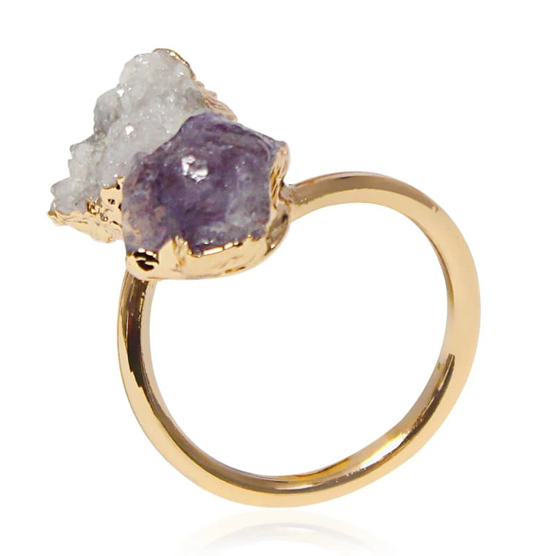 Anello aperto con ametista in pietra Druzy irregolare, anello aperto con grappolo di cristallo dorato fatto a mano, misura regolabile