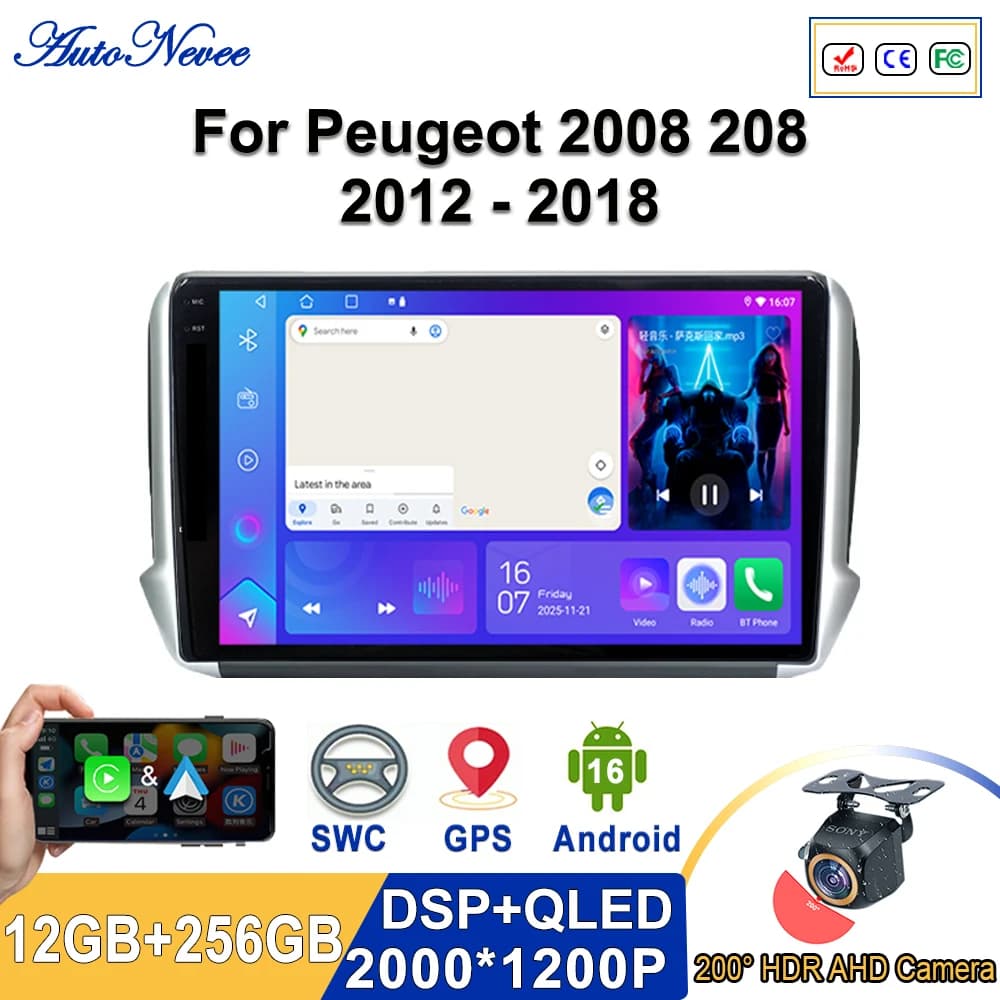 Android 16 2K Incell Schermo Multimediale Stereo Per Peugeot 2008 208 2012 - 2018 Plug and Play CPU HDR Dash Cam ad alte prestazioni