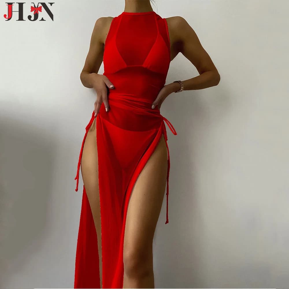Sexy Solid Color Tie Extended Cover Shirt Maxi Dress Wade Through Water Three Piece Swimsuit Set Premium Bikini Luxury Brand