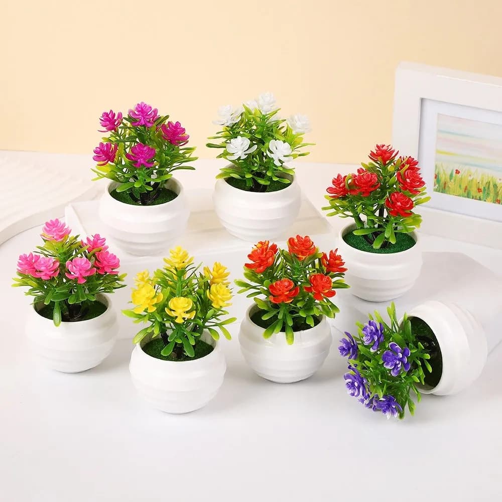 New 7 Flowers Artificial Potted Plant with White Pot Multi-Bloom Simulated Tree Small Artificial Faux Plants Indoor Decoration