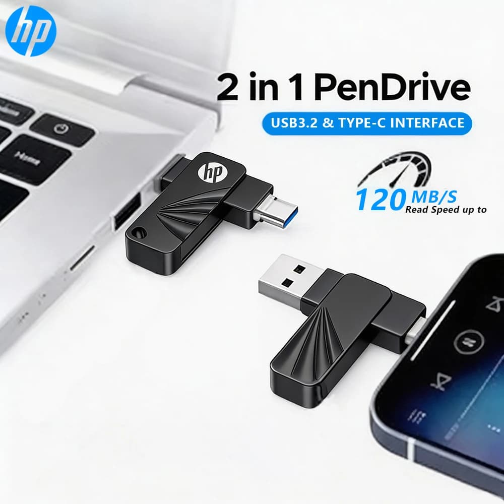 Chiavetta USB HP 762C 120MB/s MINI in Metallo, Pendrive USB3.2 256G 128G 64G 2 in 1 Tipo-C+USB-A ad Alta Velocità per Laptop e Telefono