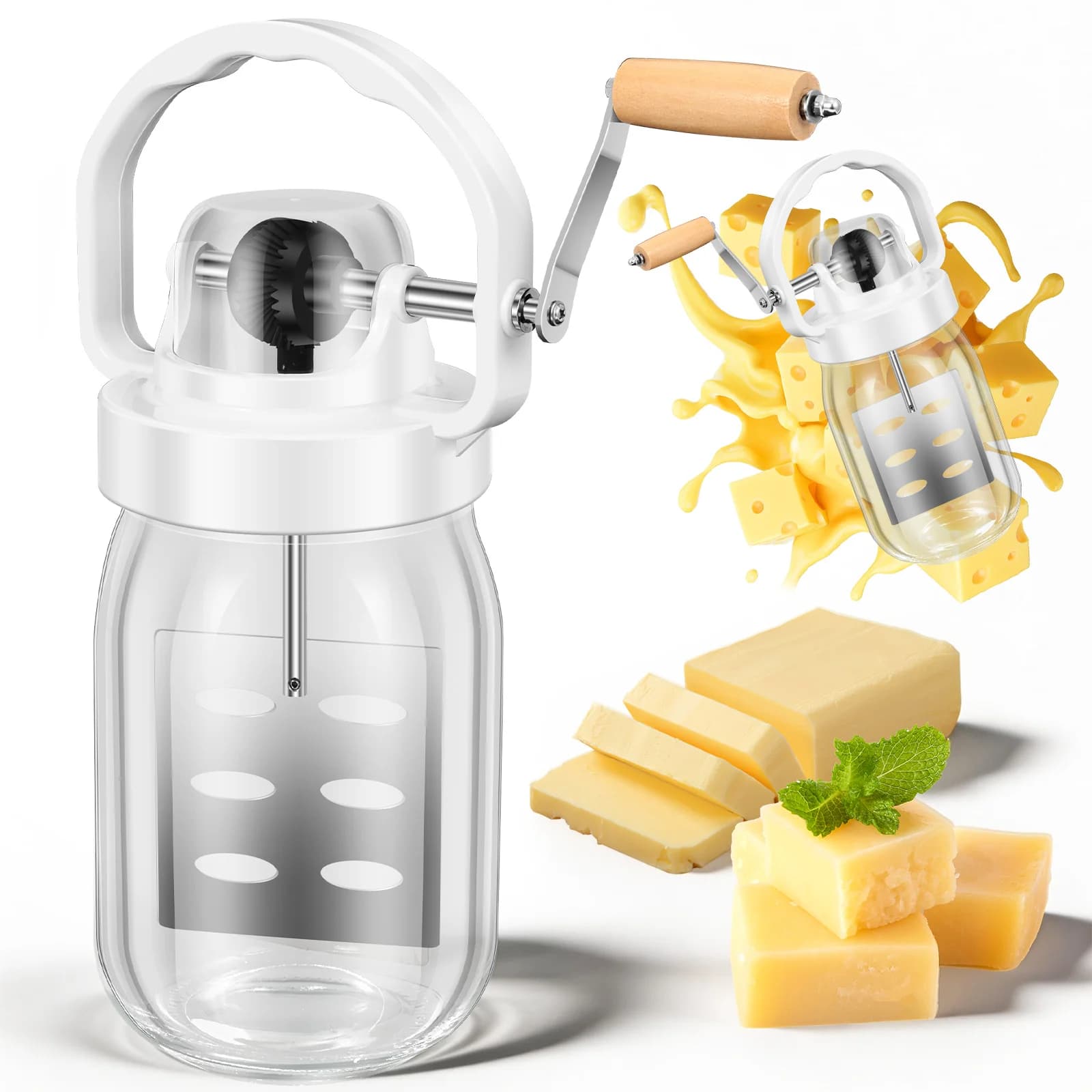Buratore Manuale per Burro 1500ML/51oz, Frullatore in Vetro con Manovella per Burro Fatto in Casa, Accessori da Cucina