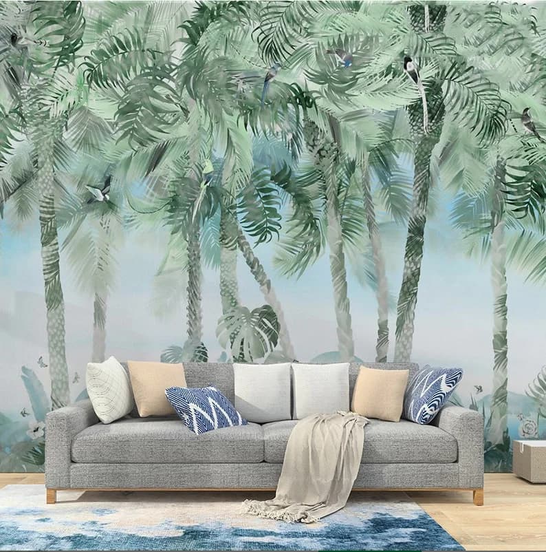 Dimensioni personalizzate Carta da parati Foresta pluviale Piante Foglie Decorazione Pittura Disegnata a mano Giungla Murale Arazzo 3d carta da parati Giungla grigia
