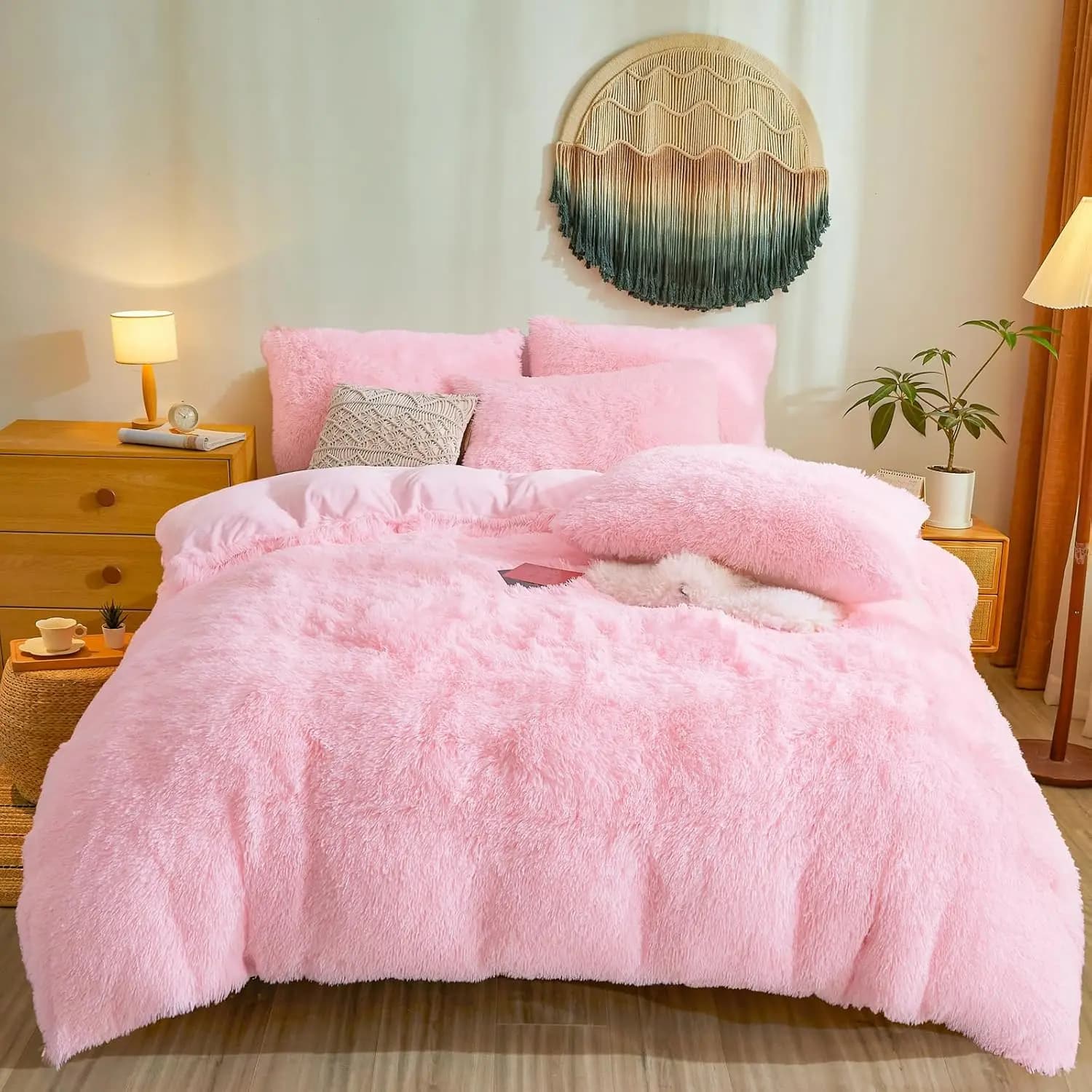 Set biancheria da letto Queen in soffice pelliccia sintetica rosa - Copripiumino e federe in peluche, accogliente 3 pezzi