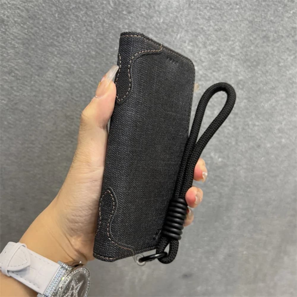 Per iPhone 16 Pro Max Custodia Flip Cover blu Texture denim magnetica Premium compatibile con iPhone 15 14 13 12