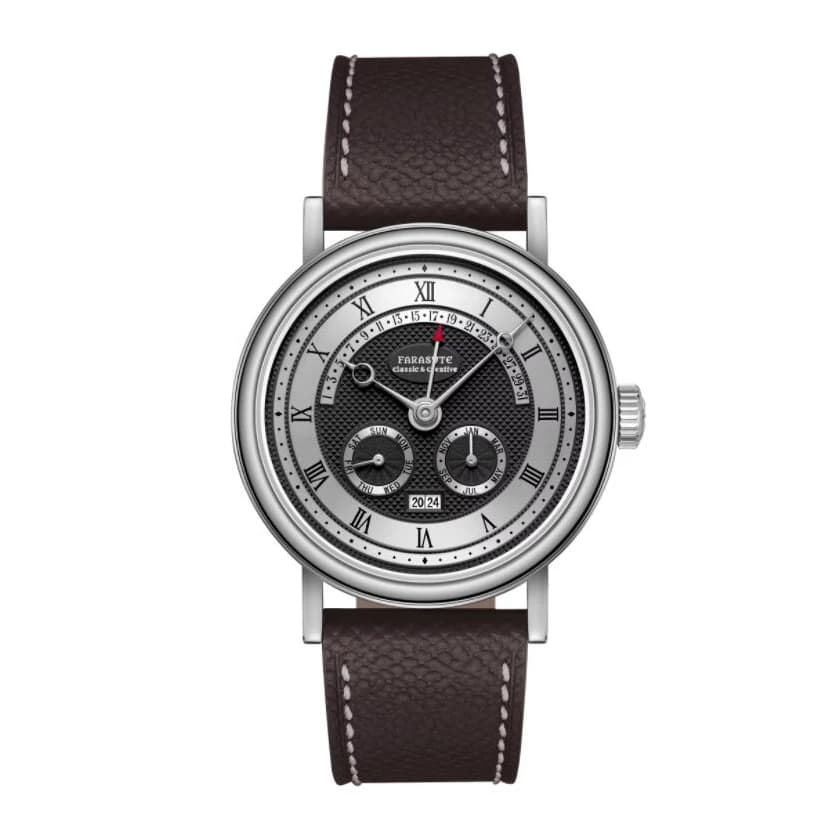 FARASUTE Orologio automatico da uomo 38mm Orologio da polso meccanico vintage Specchio zaffiro Multifunzione Flyback Funzione Anno Mese Settimana
