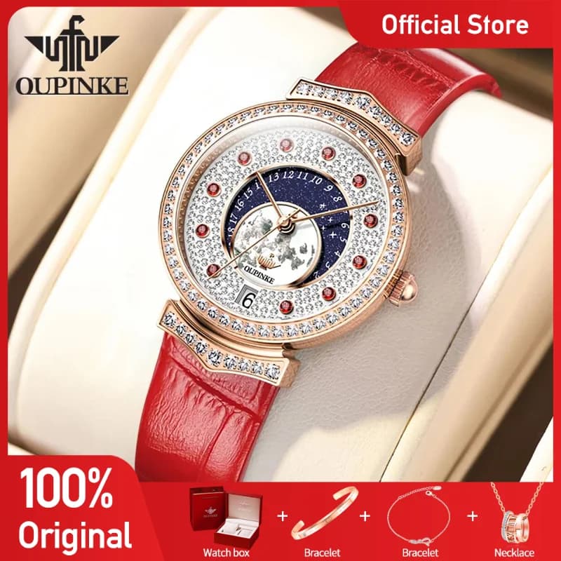 OUPINKE 3218 Orologio da donna Orologio da polso al quarzo in pelle elegante di lusso Orologio da donna luminoso impermeabile per data con diamanti