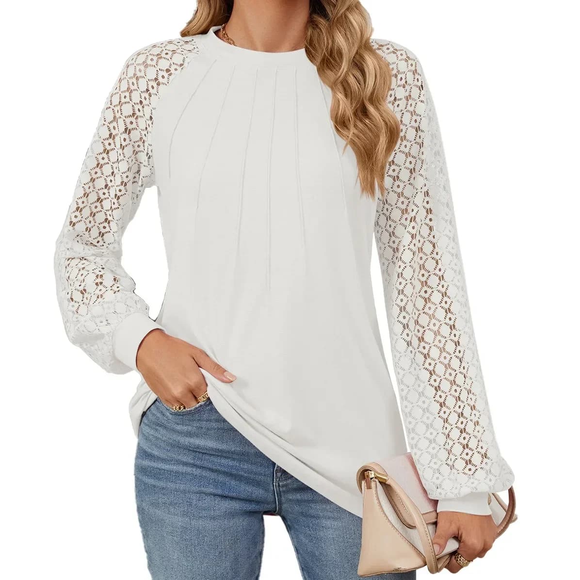 Camicie da donna con maniche in pizzo cavo sexy primavera autunno O-Collo T-shirt in maglia waffle solida Casual Business Slim Camicia basic da donna Top