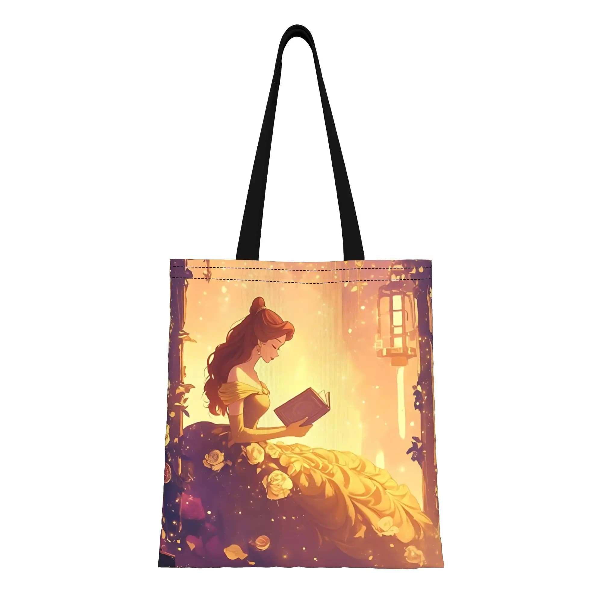 1PC Borsa tote in tela riutilizzabile a doppio lato con animazione Disney per San Valentino, borsa a tracolla con atmosfera romantica, borsa da principessa Belle