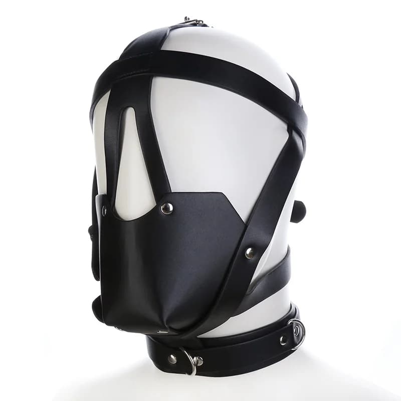 Sexy PU Leather Harness Mask Fetish Bandage copricapo adulti Halloween Party Cosplay Games scava fuori Bondage Hood maschera per il viso maschile