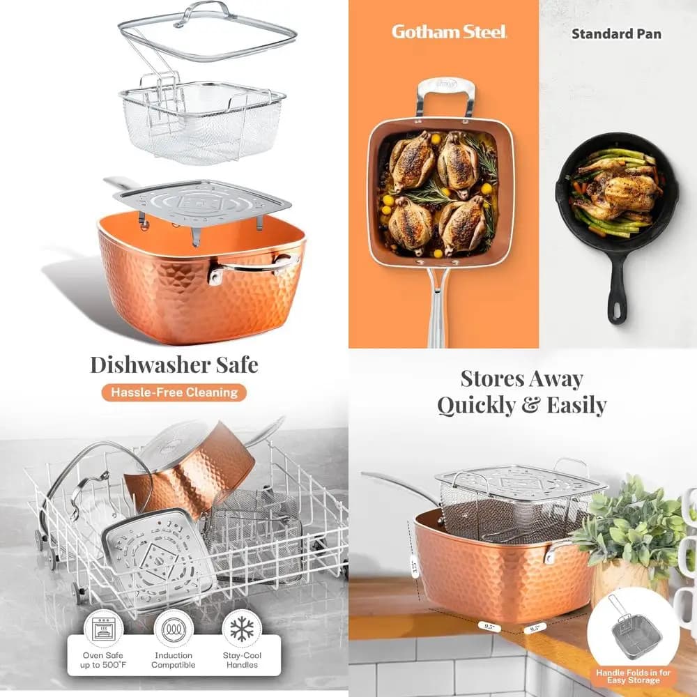 9.5 square pan with ceramic coating, set of 4 pieces with lid, basket and steam cooking, dishwasher safe