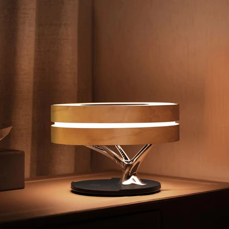 Lampada da scrivania LED intelligente in legno, caricatore con altoparlante wireless