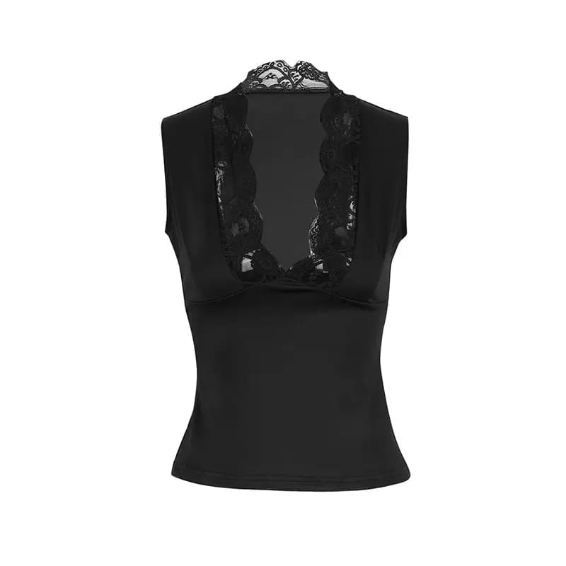Gilet da donna nuova estate nero sexy pizzo scollo a V canotta petto basso streetwear moda casual sottile femminile versatile top canotta abbigliamento