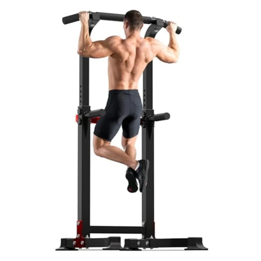 Home gym power tower with heavy duty steel frame, black finish, 1400LBS capacity, adjustable height for pull up bar and dip sta