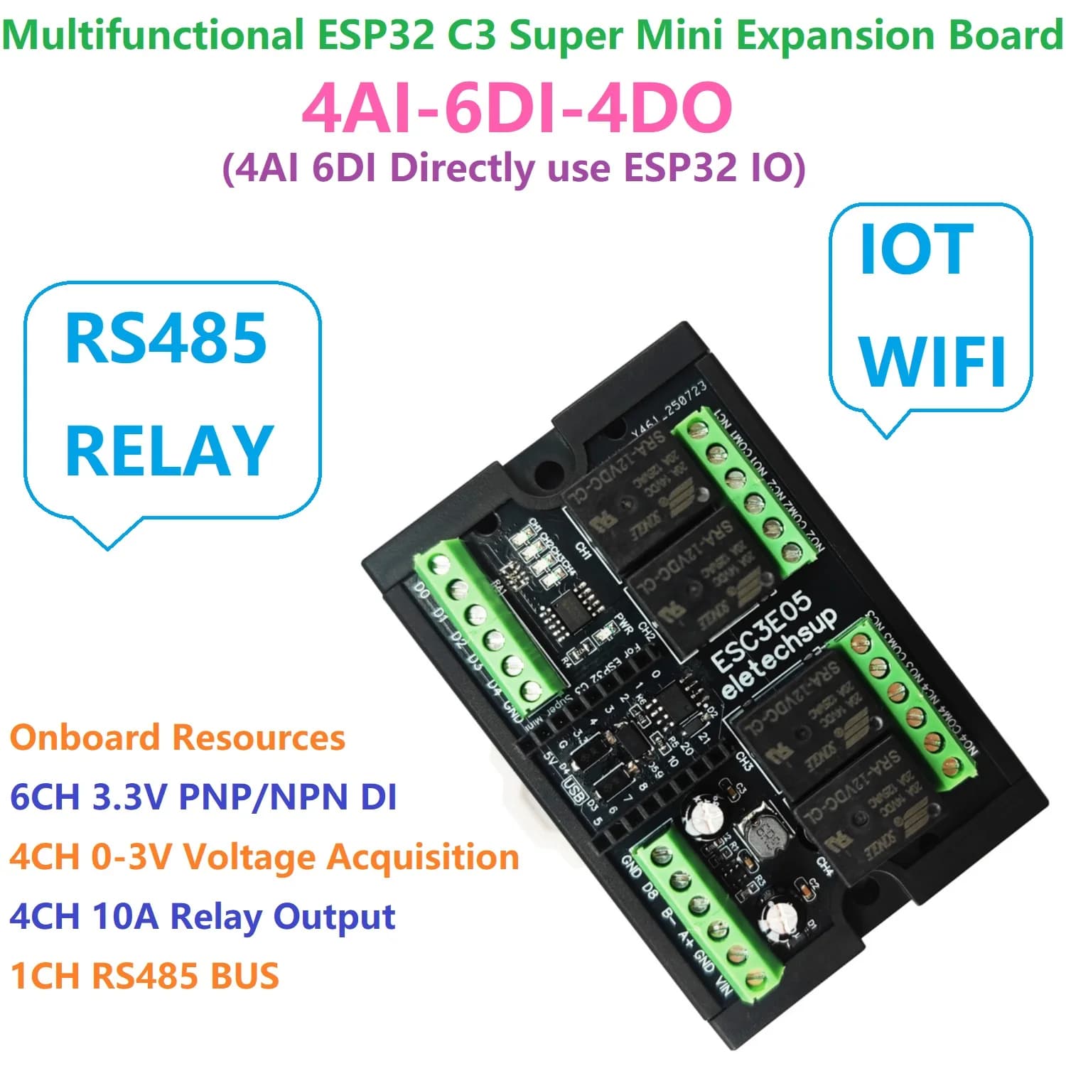 ESP32 C3 Relay Module for Arduino IOT Network, DC 9V 12V 24V Mini Expansion Board with 4AI-4DO RS485