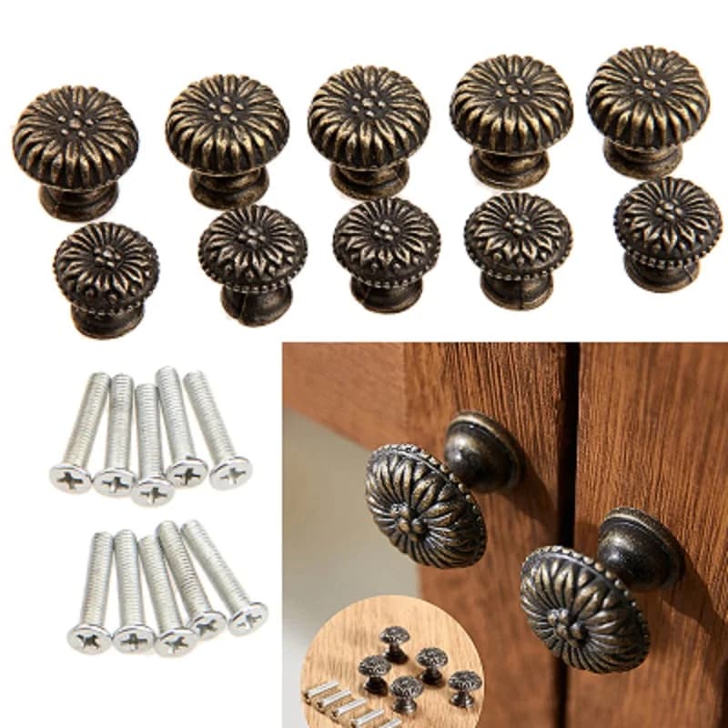 5Pcs portagioie rotondo in ottone antico maniglione cassetto armadio con motivo floreale manopola per scatola di legno con viti