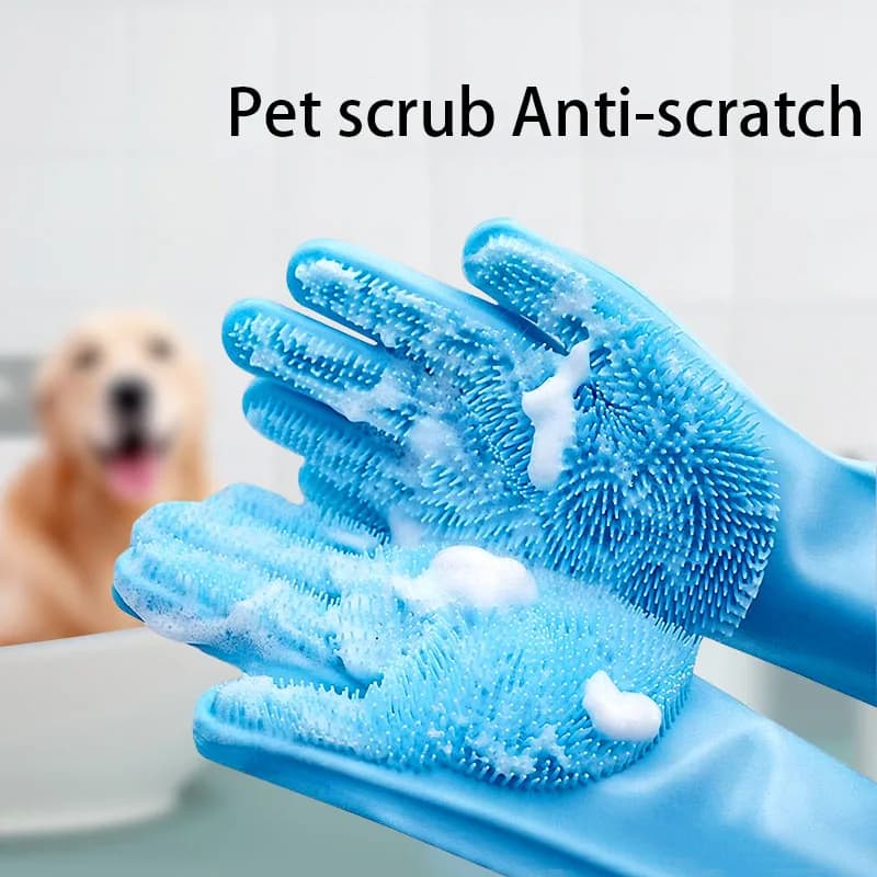 1 set di guanti da bagno blu per animali domestici, per cani, gatti, anti-morso, shampoo da bagno, scrubber per gatti, spugna, guanto in silicone