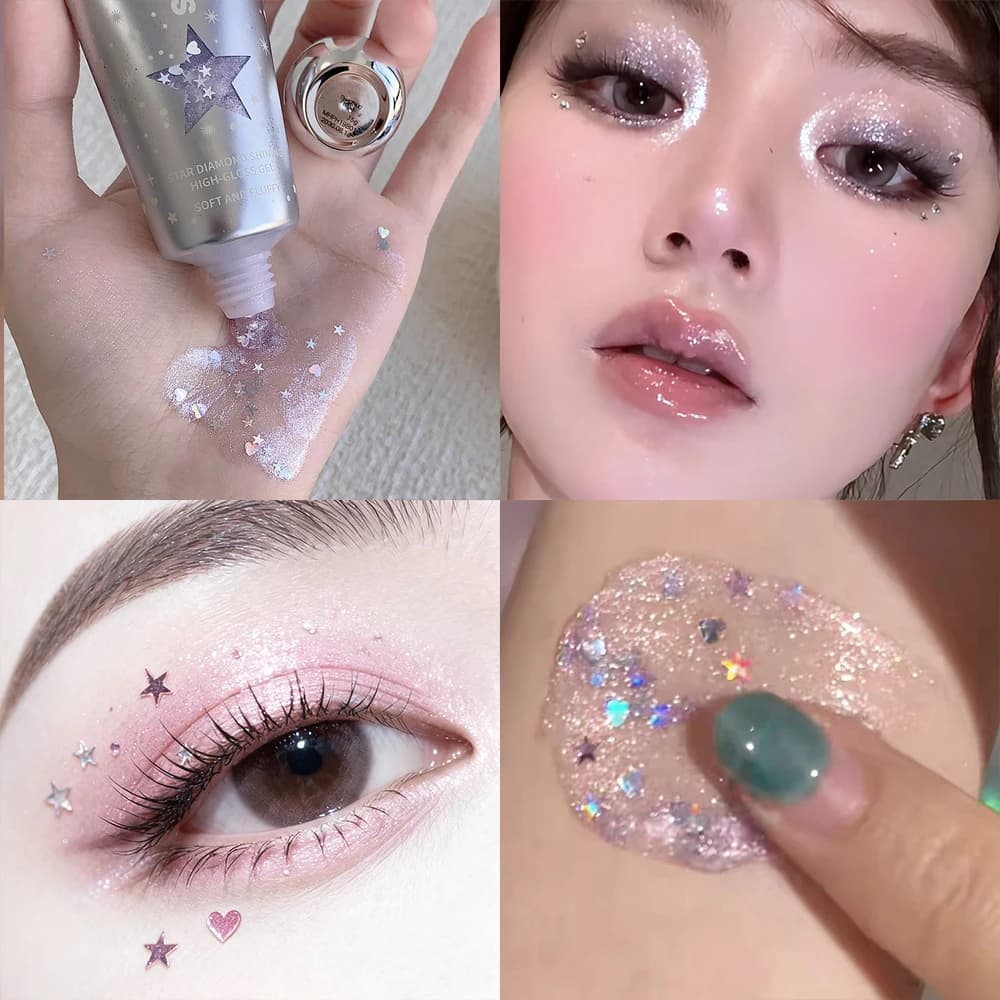 Gel Glitter con Paillettes a Forma di Stella e Cuore, Illuminante Diamantato Argento e Rosa per Occhi, Viso e Corpo, Trucco Scintillante per Palcoscenico