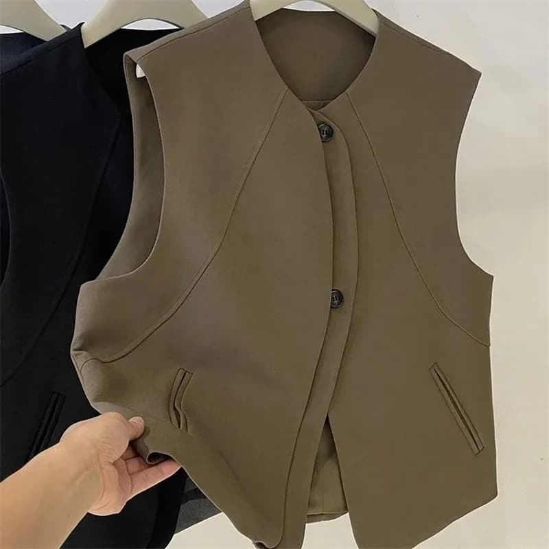 Autumn Ladies Fashion Cardigan Sleeveless Outwear Women Round Neck Casual Vest Coat Korean Female Solid Color Waistcoat Jacket