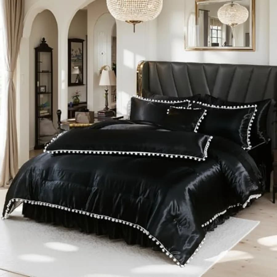 Set Copripiumino in Raso con Pompon, Set Biancheria da Letto 10 Pezzi, Decorazioni con Frange e Palline Bianche, Copripiumino Simil Seta con Sa
