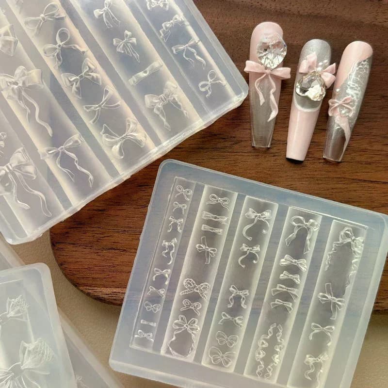 3D Ribbon Bowknot Shaped Mold Stamping Stencils Gel Polish Art Mould Silicone Carving Mold Diy Design Nail Charm Decorations