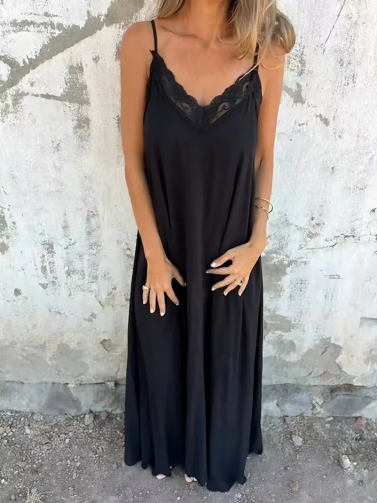 Spring/Summer Sexy Spaghetti Strap Long Lace Nightgown Solid Color 2025 Trendy Women's Sleepwear Dress