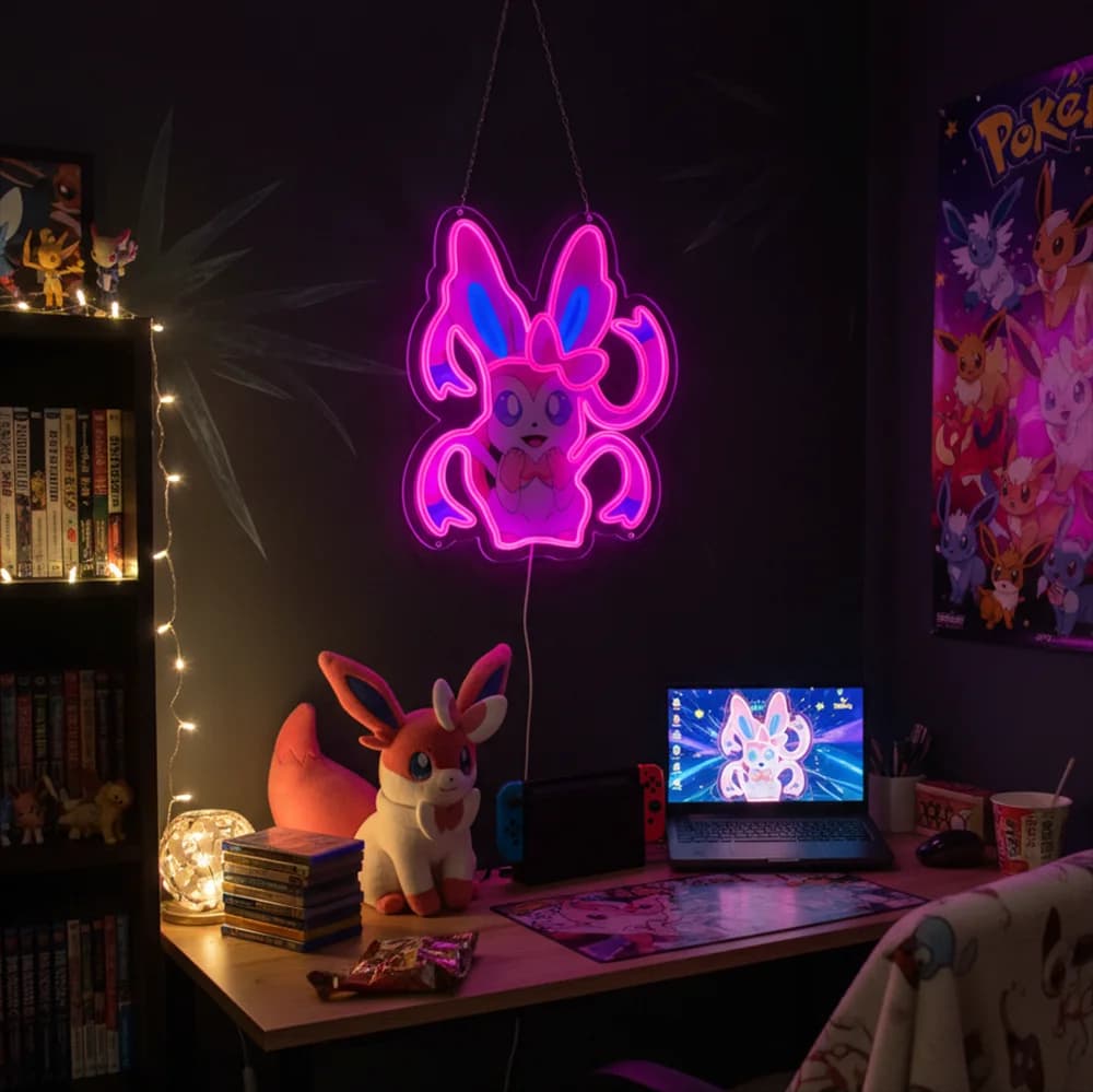 Lampada LED al Neon in Acrilico con Personaggio Anime Pokemon Sylveon per Decorazione Casa, Festival, Feste, Bar, Hotel, Salone, Negozio, ecc.