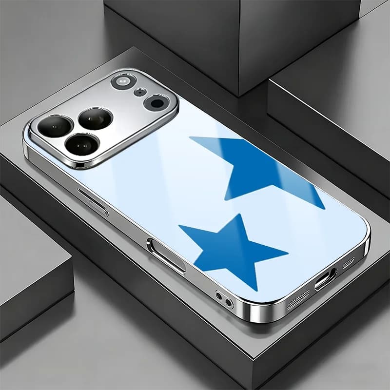 Blue Stars On Light Blue Electroplated Glass Lens Protective Shockproof Case For iPhone 13 14 15 16 17 Pro ProMax