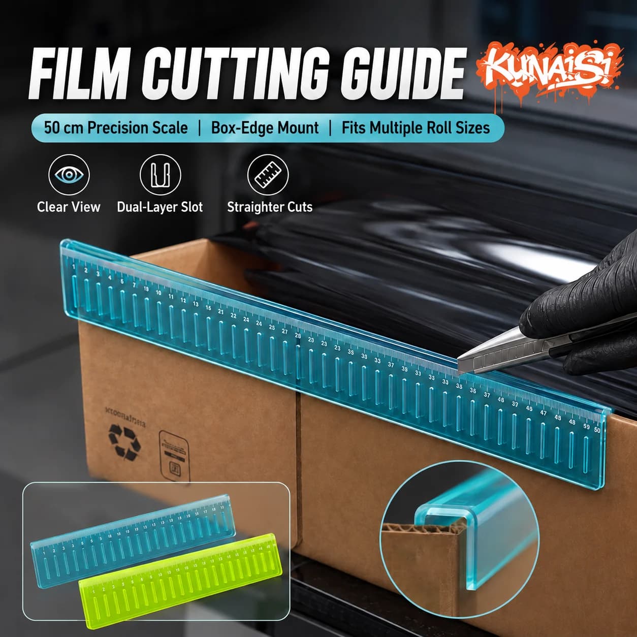 KUNAISI 50cm Vinyl Wrap Film Cutting Guide Ruler Box Edge Clip Straight Cutter for PPF Window Tint Roll Car Wrapping Tools